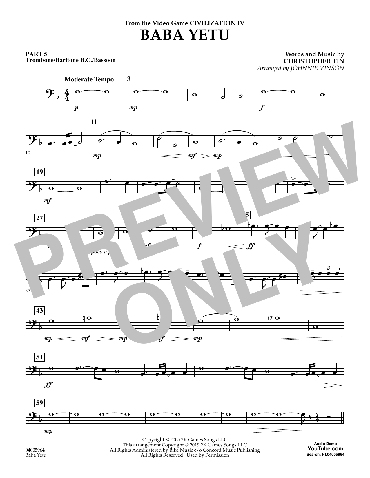Preview Christopher Tin Baba Yetu (from Civilization IV) (arr. Johnnie Vinson) - Pt.5 - Trombone/Bar. B.C./Bsn. Video Game sheet music, notes and chords for Concert Band, SKU: 417522 sheet music, piano notes, chords, guitar tabs, score, transpose, transcribe, how to play, guide, download, learn, tutorial, progression, song, artist, awards, billboard, mtv, vh1, tour, single, album, release
