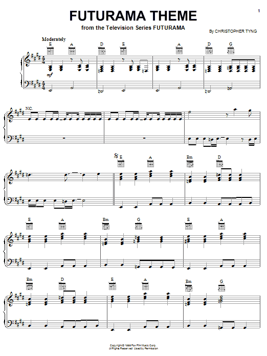 Preview Christopher Tyng Futurama Theme Film and TV sheet music, notes and chords for Piano, SKU: 51975 sheet music, piano notes, chords, guitar tabs, score, transpose, transcribe, how to play, guide, download, learn, tutorial, progression, song, artist, awards, billboard, mtv, vh1, tour, single, album, release