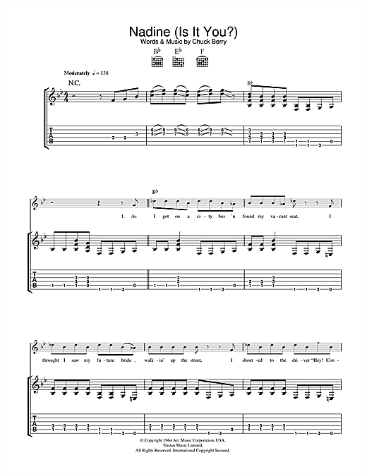Preview Chuck Berry Nadine (Is It You) Rock N Roll sheet music, notes and chords for Piano, Vocal & Guitar (Right-Hand Melody), SKU: 121007 sheet music, piano notes, chords, guitar tabs, score, transpose, transcribe, how to play, guide, download, learn, tutorial, progression, song, artist, awards, billboard, mtv, vh1, tour, single, album, release