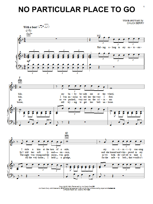 Preview Chuck Berry No Particular Place To Go Rock sheet music, notes and chords for Piano, Vocal & Guitar (Right-Hand Melody), SKU: 18298 sheet music, piano notes, chords, guitar tabs, score, transpose, transcribe, how to play, guide, download, learn, tutorial, progression, song, artist, awards, billboard, mtv, vh1, tour, single, album, release