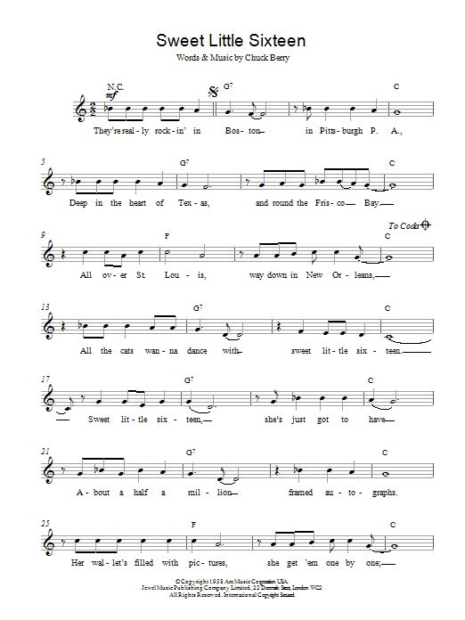 Download Chuck Berry Sweet Little Sixteen sheet music and printable PDF score & Pop music notes