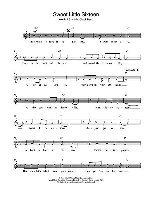 Download Chuck Berry Sweet Little Sixteen sheet music and printable PDF score & Rock N Roll music notes