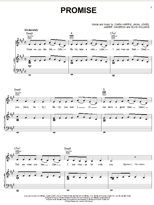 Preview Ciara Promise Pop sheet music, notes and chords for Piano, Vocal & Guitar (Right-Hand Melody), SKU: 58444 sheet music, piano notes, chords, guitar tabs, score, transpose, transcribe, how to play, guide, download, learn, tutorial, progression, song, artist, awards, billboard, mtv, vh1, tour, single, album, release