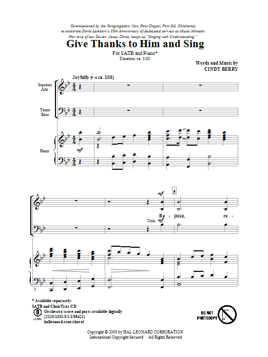 Preview Cindy Berry Give Thanks To Him And Sing Concert sheet music, notes and chords for SATB, SKU: 63017 sheet music, piano notes, chords, guitar tabs, score, transpose, transcribe, how to play, guide, download, learn, tutorial, progression, song, artist, awards, billboard, mtv, vh1, tour, single, album, release