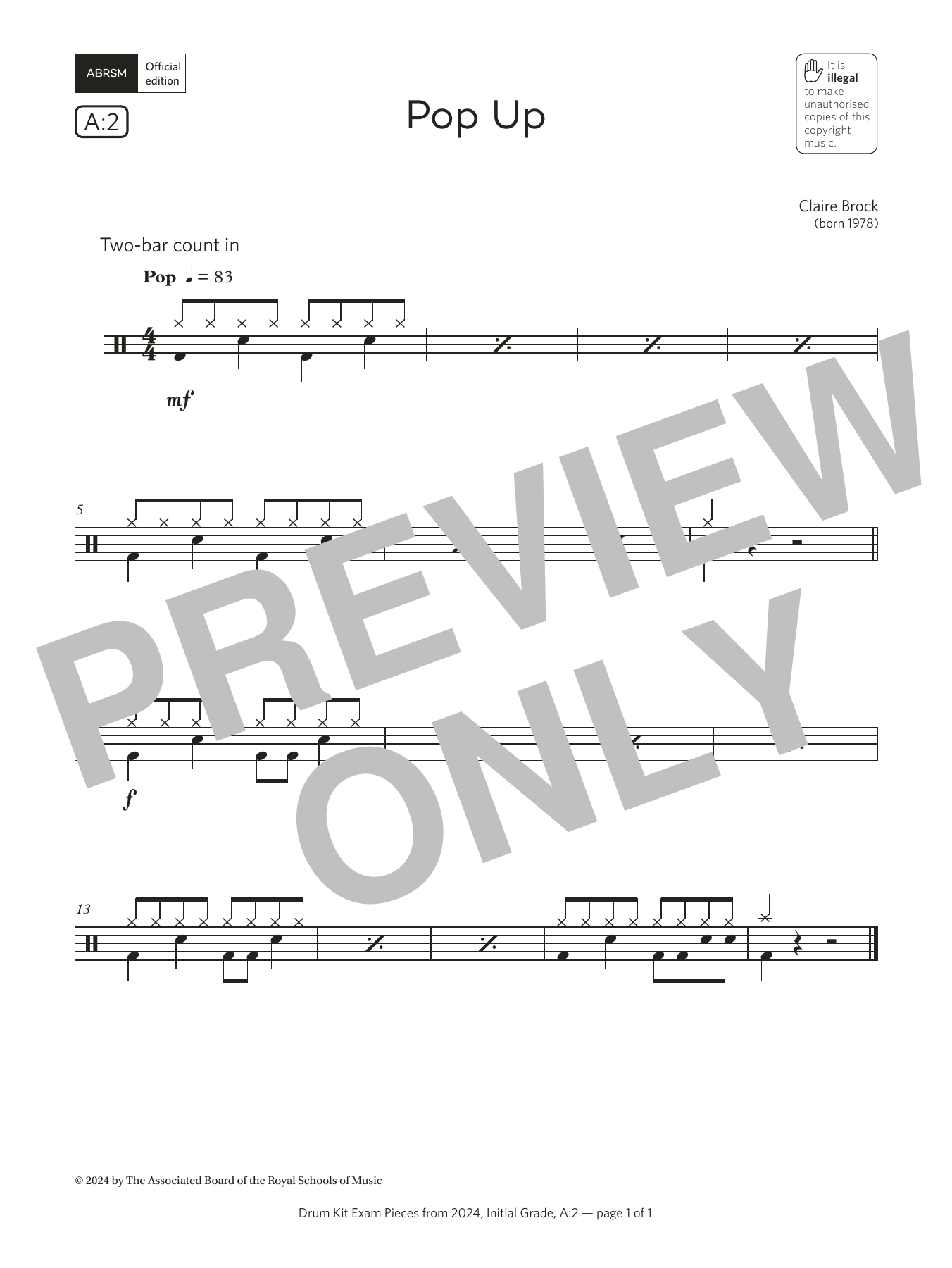 Claire Brock Pop Up (Grade Initial, list A2, from the ABRSM Drum Kit Syllabus 2024) Sheet Music & Chords for Drums - Download or Print PDF