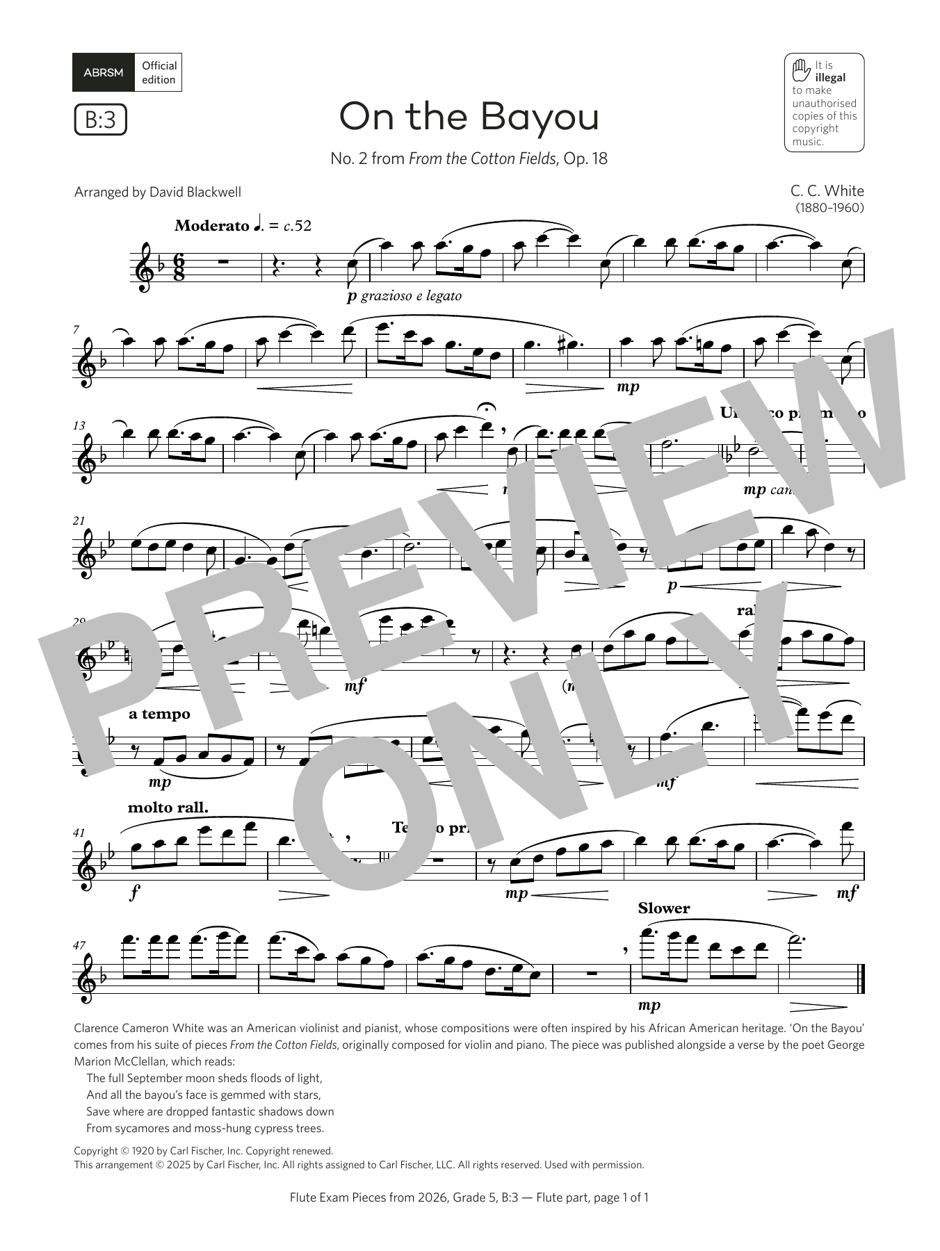 Clarence Cameron White On the Bayou (Grade 5, list B3, from the ABRSM Flute Syllabus from 2026) Sheet Music & Chords for Flute Solo - Download or Print PDF