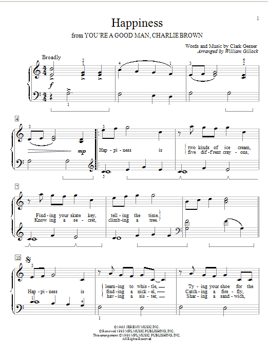Preview Clark Gesner Happiness Pop sheet music, notes and chords for Piano, Vocal & Guitar (Right-Hand Melody), SKU: 160661 sheet music, piano notes, chords, guitar tabs, score, transpose, transcribe, how to play, guide, download, learn, tutorial, progression, song, artist, awards, billboard, mtv, vh1, tour, single, album, release