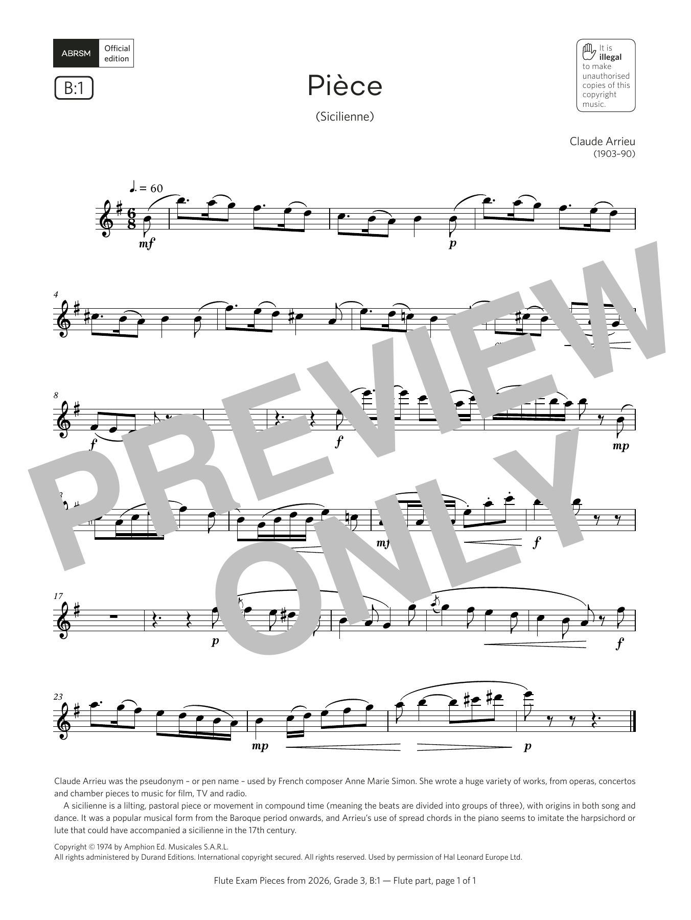 Claude Arrieu Pièce (Grade 3, list B1, from the ABRSM Flute Syllabus from 2026) Sheet Music & Chords for Flute Solo - Download or Print PDF