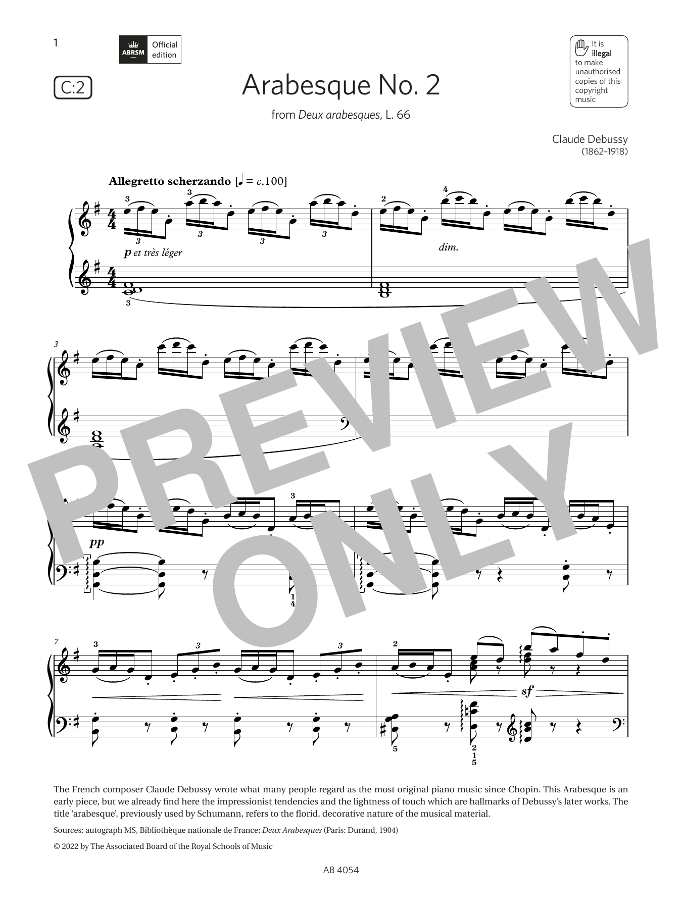 Claude Debussy Arabesque No. 2 (Grade 8, list C2, from the ABRSM Piano Syllabus 2023 & 2024) Sheet Music & Chords for Piano Solo - Download or Print PDF