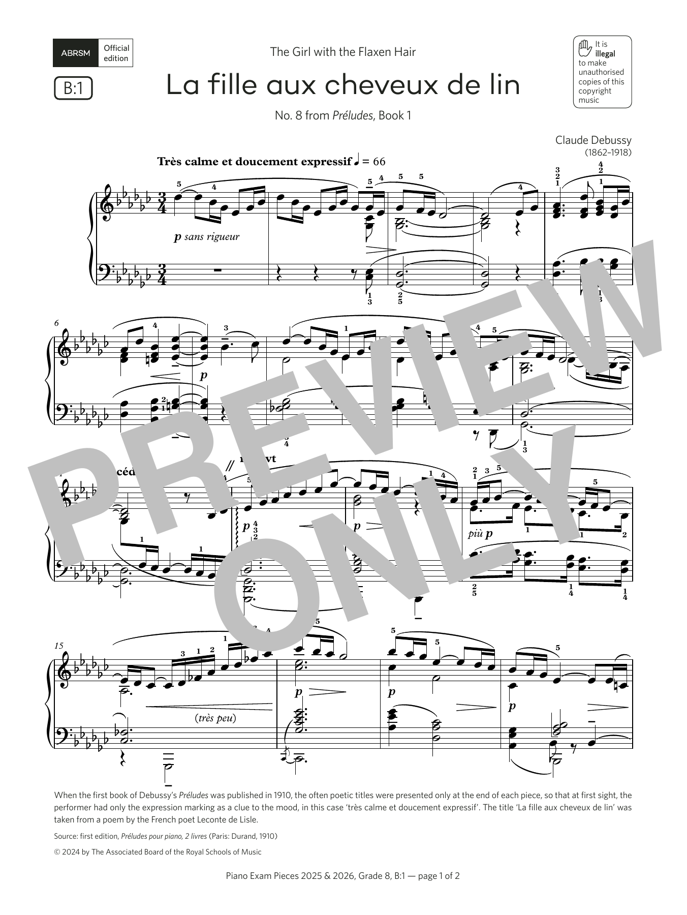 Claude Debussy La fille aux cheveux de lin (Grade 8, list B1, from the ABRSM Piano Syllabus 2025 & 2026) Sheet Music & Chords for Piano Solo - Download or Print PDF
