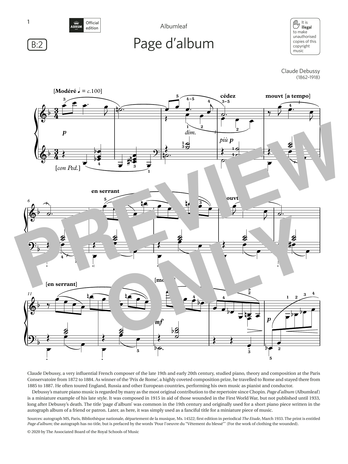 Claude Debussy Page d'album (Grade 6, list B2, from the ABRSM Piano Syllabus 2021 & 2022) Sheet Music & Chords for Piano Solo - Download or Print PDF