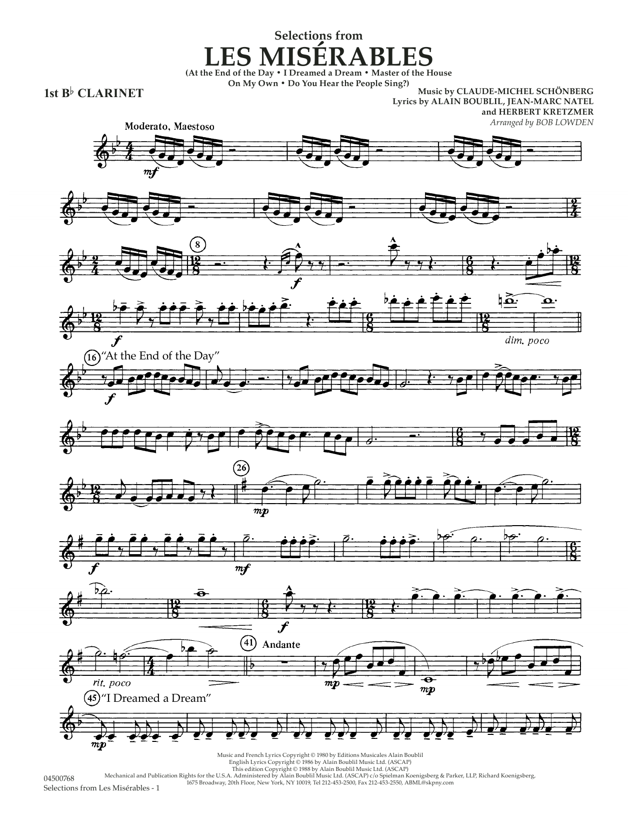 Claude Michael Schonberg Selections From Les Miserables Arr Bob Lowden Bb Clarinet 1 Sheet Music Download Printable Broadway Pdf Full Orchestra Score Sku 411676