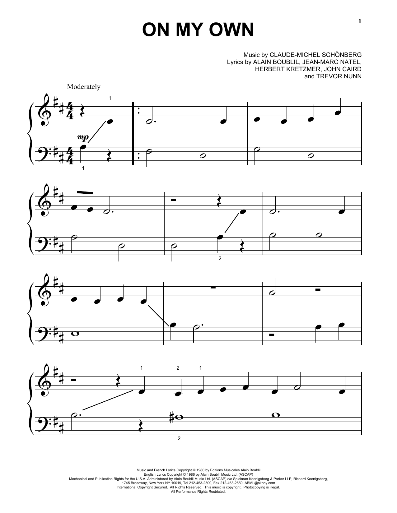 Preview Claude-Michel Schonberg On My Own (from Les Miserables) Musicals sheet music, notes and chords for Easy Piano, SKU: 114681 sheet music, piano notes, chords, guitar tabs, score, transpose, transcribe, how to play, guide, download, learn, tutorial, progression, song, artist, awards, billboard, mtv, vh1, tour, single, album, release