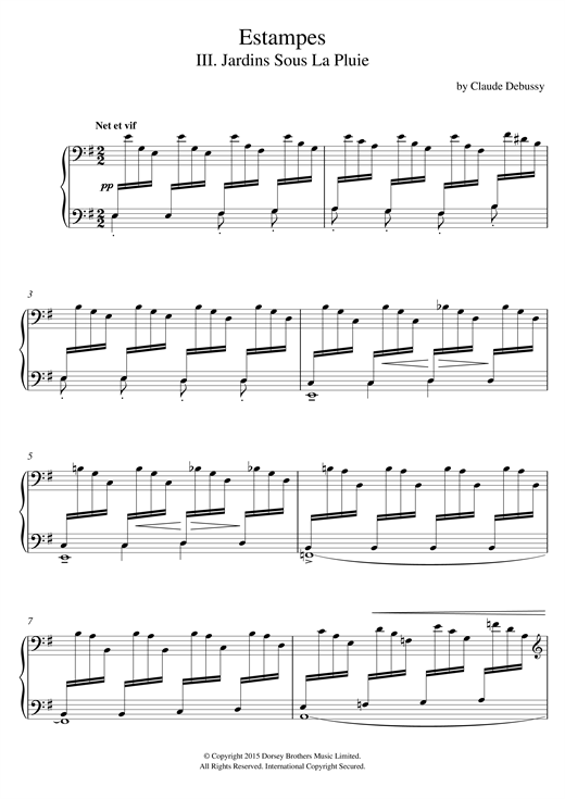 Preview Claude Debussy Estampes - III. Jardins Sous La Pluie Classical sheet music, notes and chords for Piano, SKU: 120827 sheet music, piano notes, chords, guitar tabs, score, transpose, transcribe, how to play, guide, download, learn, tutorial, progression, song, artist, awards, billboard, mtv, vh1, tour, single, album, release