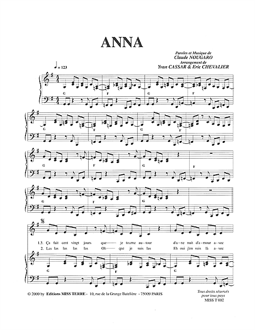Preview Claude Nougaro Anna Pop sheet music, notes and chords for Piano & Vocal, SKU: 114766 sheet music, piano notes, chords, guitar tabs, score, transpose, transcribe, how to play, guide, download, learn, tutorial, progression, song, artist, awards, billboard, mtv, vh1, tour, single, album, release