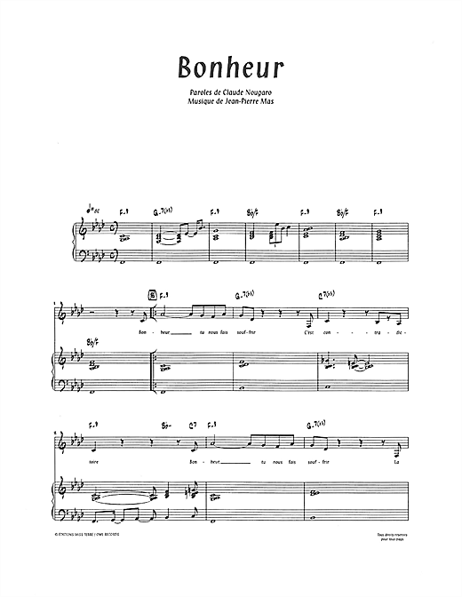 Preview Claude Nougaro Bonheur Pop sheet music, notes and chords for Piano & Vocal, SKU: 114767 sheet music, piano notes, chords, guitar tabs, score, transpose, transcribe, how to play, guide, download, learn, tutorial, progression, song, artist, awards, billboard, mtv, vh1, tour, single, album, release