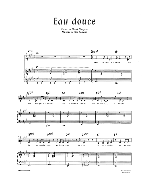 Preview Claude Nougaro Eau Douce Pop sheet music, notes and chords for Piano & Vocal, SKU: 114791 sheet music, piano notes, chords, guitar tabs, score, transpose, transcribe, how to play, guide, download, learn, tutorial, progression, song, artist, awards, billboard, mtv, vh1, tour, single, album, release