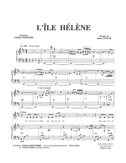 Preview Claude Nougaro L'Ile Helene Pop sheet music, notes and chords for Piano & Vocal, SKU: 114779 sheet music, piano notes, chords, guitar tabs, score, transpose, transcribe, how to play, guide, download, learn, tutorial, progression, song, artist, awards, billboard, mtv, vh1, tour, single, album, release