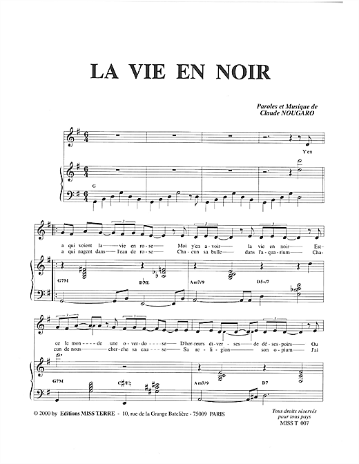 Preview Claude Nougaro La Vie En Noir Pop sheet music, notes and chords for Piano & Vocal, SKU: 114774 sheet music, piano notes, chords, guitar tabs, score, transpose, transcribe, how to play, guide, download, learn, tutorial, progression, song, artist, awards, billboard, mtv, vh1, tour, single, album, release