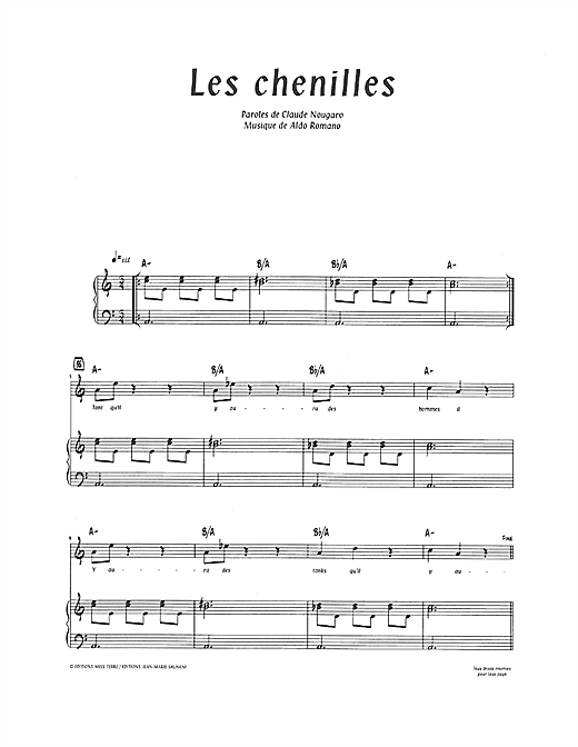 Preview Claude Nougaro Les Chenilles Pop sheet music, notes and chords for Piano & Vocal, SKU: 114777 sheet music, piano notes, chords, guitar tabs, score, transpose, transcribe, how to play, guide, download, learn, tutorial, progression, song, artist, awards, billboard, mtv, vh1, tour, single, album, release