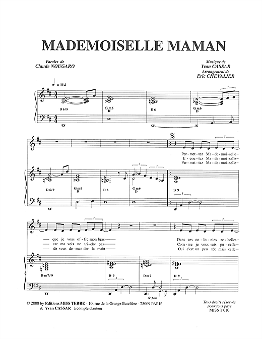 Preview Claude Nougaro Mademoiselle Maman Pop sheet music, notes and chords for Piano & Vocal, SKU: 114780 sheet music, piano notes, chords, guitar tabs, score, transpose, transcribe, how to play, guide, download, learn, tutorial, progression, song, artist, awards, billboard, mtv, vh1, tour, single, album, release