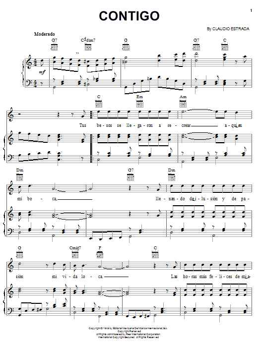 Preview Claudio Estrada Contigo Pop sheet music, notes and chords for Piano, Vocal & Guitar (Right-Hand Melody), SKU: 24074 sheet music, piano notes, chords, guitar tabs, score, transpose, transcribe, how to play, guide, download, learn, tutorial, progression, song, artist, awards, billboard, mtv, vh1, tour, single, album, release