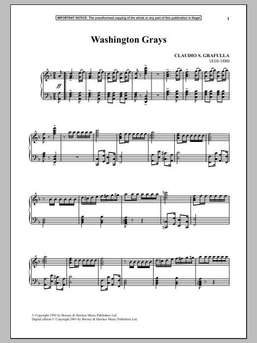 Preview Claudio S. Grafulla Washington Grays Classical sheet music, notes and chords for Piano, SKU: 90249 sheet music, piano notes, chords, guitar tabs, score, transpose, transcribe, how to play, guide, download, learn, tutorial, progression, song, artist, awards, billboard, mtv, vh1, tour, single, album, release