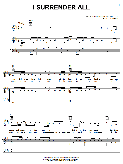 Preview Clay Crosse I Surrender All Religious sheet music, notes and chords for Piano, Vocal & Guitar (Right-Hand Melody), SKU: 23967 sheet music, piano notes, chords, guitar tabs, score, transpose, transcribe, how to play, guide, download, learn, tutorial, progression, song, artist, awards, billboard, mtv, vh1, tour, single, album, release