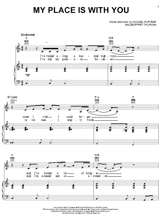 Preview Clay Crosse My Place Is With You Pop sheet music, notes and chords for Piano, Vocal & Guitar (Right-Hand Melody), SKU: 58550 sheet music, piano notes, chords, guitar tabs, score, transpose, transcribe, how to play, guide, download, learn, tutorial, progression, song, artist, awards, billboard, mtv, vh1, tour, single, album, release