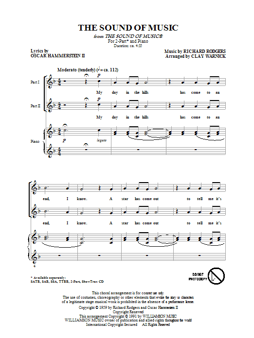 Preview Rodgers & Hammerstein The Sound of Music (arr. Clay Warnick) Broadway sheet music, notes and chords for 2-Part Choir, SKU: 70150 Download Rodgers & Hammerstein The Sound of Music (arr. Clay Warnick) sheet music and printable PDF score & Broadway music notes
