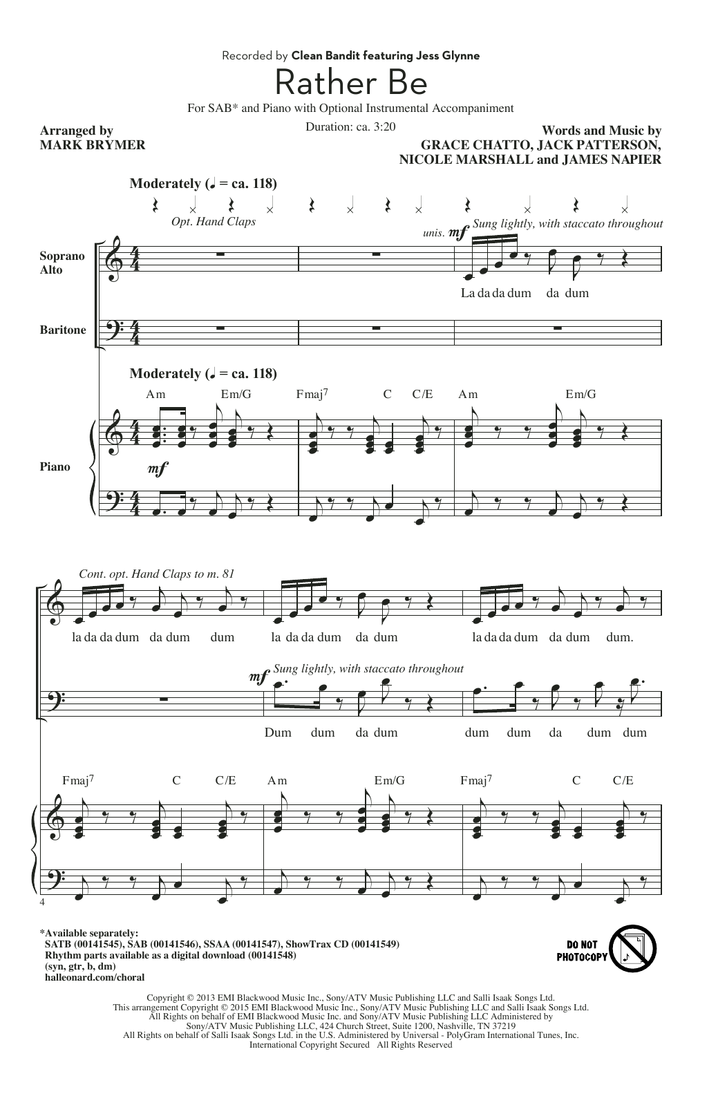 Preview Clean Bandit Rather Be (arr. Mark Brymer) A Cappella sheet music, notes and chords for SSA, SKU: 159998 sheet music, piano notes, chords, guitar tabs, score, transpose, transcribe, how to play, guide, download, learn, tutorial, progression, song, artist, awards, billboard, mtv, vh1, tour, single, album, release