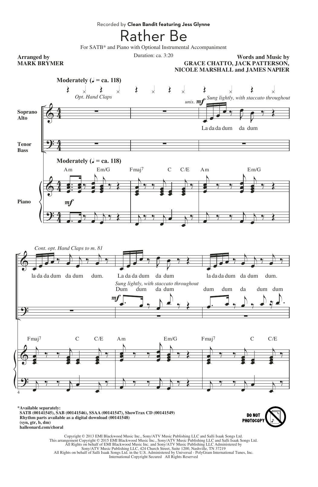 Preview Clean Bandit Rather Be (arr. Mark Brymer) A Cappella sheet music, notes and chords for SSA, SKU: 159998 sheet music, piano notes, chords, guitar tabs, score, transpose, transcribe, how to play, guide, download, learn, tutorial, progression, song, artist, awards, billboard, mtv, vh1, tour, single, album, release