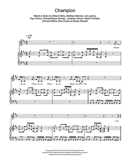 Preview Clement Marfo Champion Hip-Hop sheet music, notes and chords for Piano, Vocal & Guitar (Right-Hand Melody), SKU: 114581 sheet music, piano notes, chords, guitar tabs, score, transpose, transcribe, how to play, guide, download, learn, tutorial, progression, song, artist, awards, billboard, mtv, vh1, tour, single, album, release