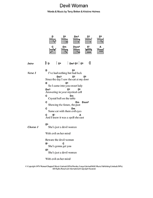 Preview Cliff Richard Devil Woman Pop sheet music, notes and chords for Lyrics & Chords, SKU: 48447 Download Cliff Richard Devil Woman sheet music and printable PDF score & Pop music notes