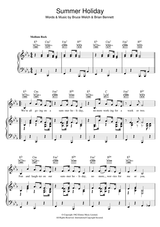 Preview Cliff Richard Summer Holiday Pop sheet music, notes and chords for Lyrics & Chords, SKU: 107903 sheet music, piano notes, chords, guitar tabs, score, transpose, transcribe, how to play, guide, download, learn, tutorial, progression, song, artist, awards, billboard, mtv, vh1, tour, single, album, release