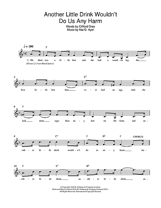 Preview Clifford Grey Another Little Drink Wouldn't Do Us Any Harm Traditional sheet music, notes and chords for Melody Line, Lyrics & Chords, SKU: 107994 sheet music, piano notes, chords, guitar tabs, score, transpose, transcribe, how to play, guide, download, learn, tutorial, progression, song, artist, awards, billboard, mtv, vh1, tour, single, album, release
