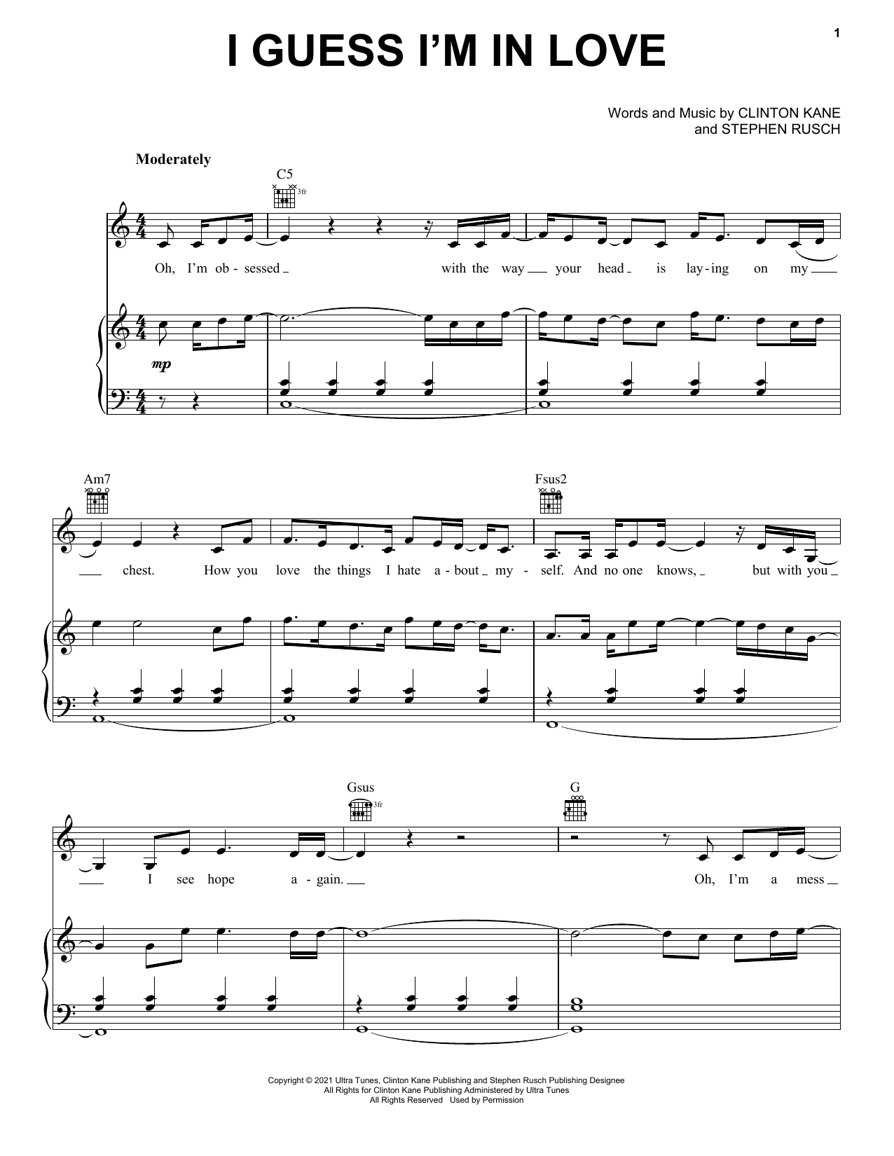 Preview Clinton Kane I Guess I'm In Love Pop sheet music, notes and chords for Piano, Vocal & Guitar (Right-Hand Melody), SKU: 508252 Download Clinton Kane I Guess I'm In Love sheet music and printable PDF score & Pop music notes