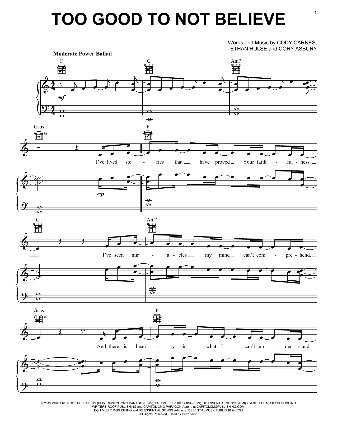 Preview Cody Carnes Too Good To Not Believe (feat. Brandon Lake) Christian sheet music, notes and chords for Piano, Vocal & Guitar (Right-Hand Melody), SKU: 488185 Download Cody Carnes Too Good To Not Believe (feat. Brandon Lake) sheet music and printable PDF score & Christian music notes