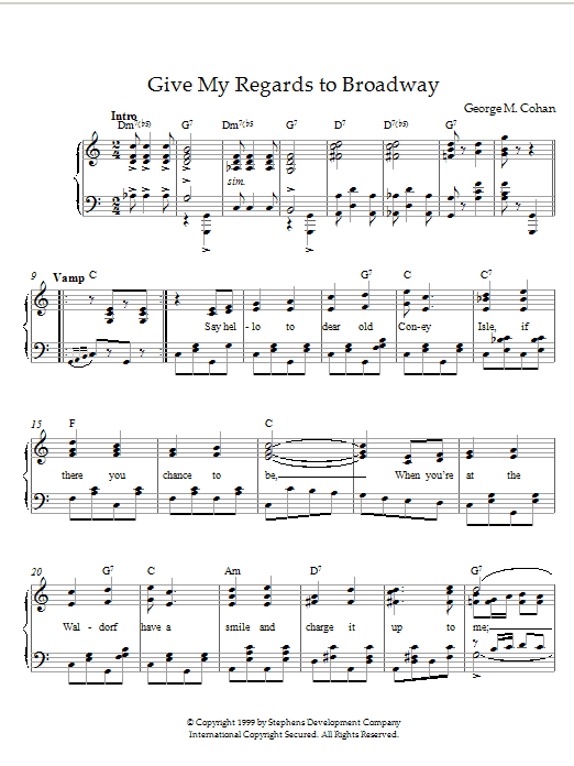 Preview George M. Cohan Give My Regards To Broadway Pop sheet music, notes and chords for Piano, SKU: 21544 Download George M. Cohan Give My Regards To Broadway sheet music and printable PDF score & Pop music notes