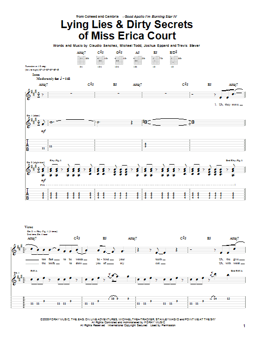 Preview Coheed And Cambria Lying Lies & Dirty Secrets Of Miss Erica Court Rock sheet music, notes and chords for Guitar Tab, SKU: 55437 Download Coheed And Cambria Lying Lies & Dirty Secrets Of Miss Erica Court sheet music and printable PDF score & Rock music notes