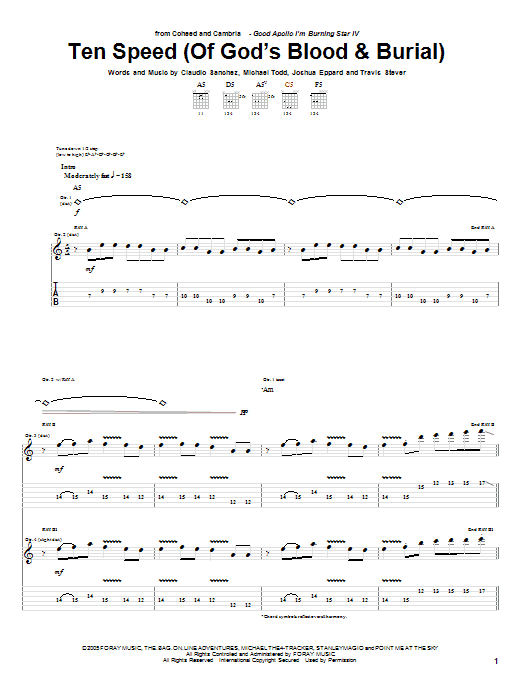 Download Coheed And Cambria Ten Speed (Of God's Blood & Burial) sheet music and printable PDF score & Rock music notes