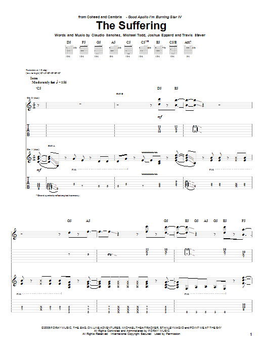 Preview Coheed And Cambria The Suffering Rock sheet music, notes and chords for Guitar Tab, SKU: 55441 sheet music, piano notes, chords, guitar tabs, score, transpose, transcribe, how to play, guide, download, learn, tutorial, progression, song, artist, awards, billboard, mtv, vh1, tour, single, album, release