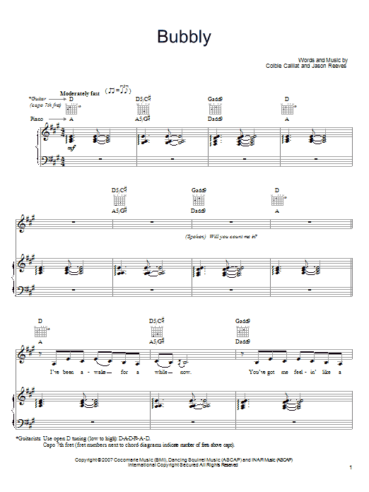 Preview Colbie Caillat Bubbly Rock sheet music, notes and chords for Piano, Vocal & Guitar (Right-Hand Melody), SKU: 62594 sheet music, piano notes, chords, guitar tabs, score, transpose, transcribe, how to play, guide, download, learn, tutorial, progression, song, artist, awards, billboard, mtv, vh1, tour, single, album, release