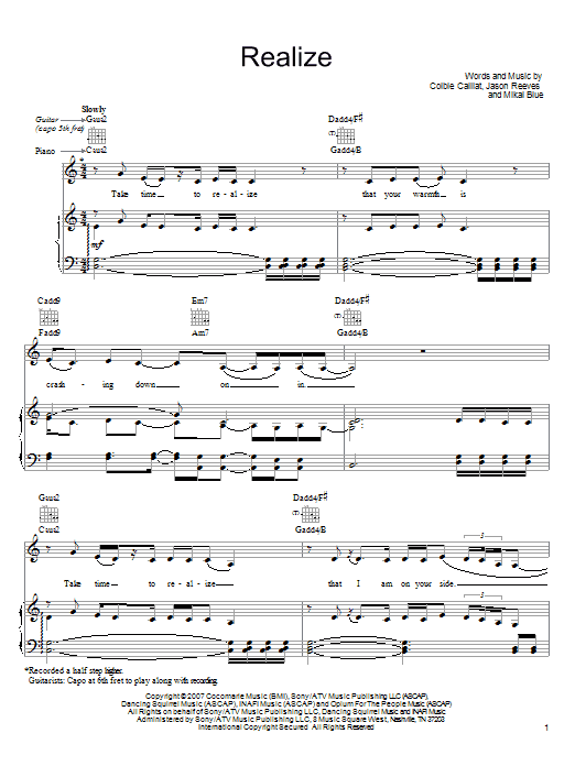 Preview Colbie Caillat Realize Pop sheet music, notes and chords for Lyrics & Chords, SKU: 114572 sheet music, piano notes, chords, guitar tabs, score, transpose, transcribe, how to play, guide, download, learn, tutorial, progression, song, artist, awards, billboard, mtv, vh1, tour, single, album, release