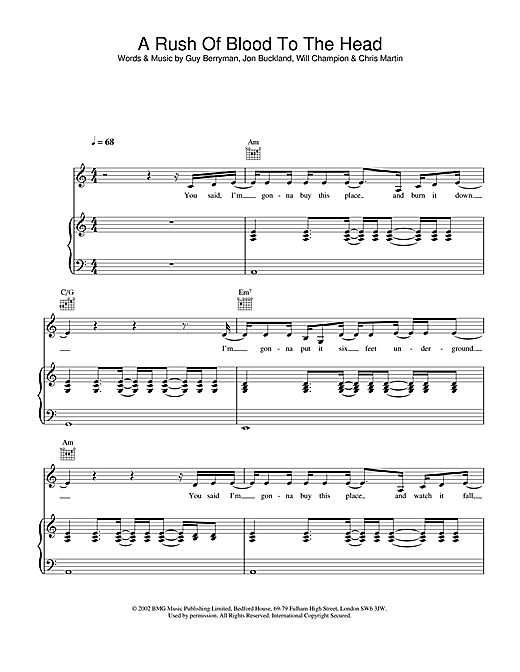 Preview Coldplay A Rush Of Blood To The Head Pop sheet music, notes and chords for Piano, Vocal & Guitar, SKU: 21856 sheet music, piano notes, chords, guitar tabs, score, transpose, transcribe, how to play, guide, download, learn, tutorial, progression, song, artist, awards, billboard, mtv, vh1, tour, single, album, release
