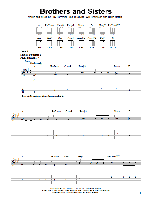 Preview Coldplay Brothers And Sisters Rock sheet music, notes and chords for Guitar Tab, SKU: 40258 Download Coldplay Brothers And Sisters sheet music and printable PDF score & Rock music notes