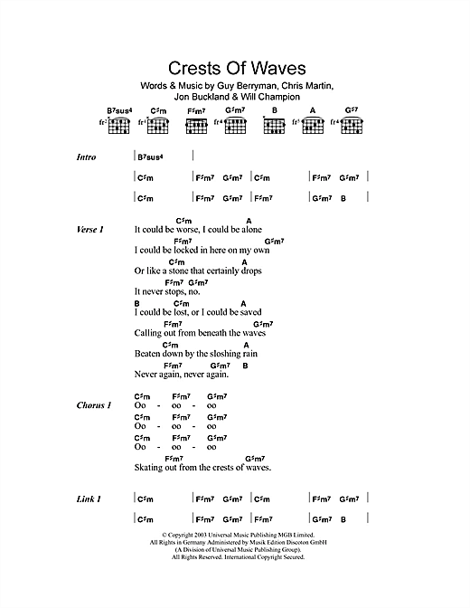 Preview Coldplay Crests Of Waves Rock sheet music, notes and chords for Guitar Tab, SKU: 40243 Download Coldplay Crests Of Waves sheet music and printable PDF score & Rock music notes