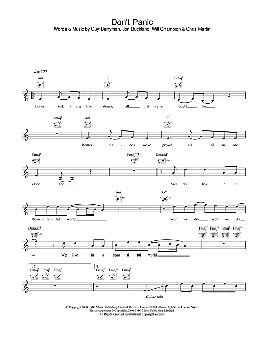 Download Coldplay Don't Panic sheet music and printable PDF score & Pop music notes