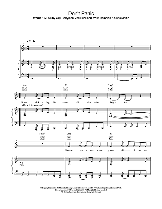 Preview Coldplay Don't Panic Pop sheet music, notes and chords for Piano, Vocal & Guitar, SKU: 17680 sheet music, piano notes, chords, guitar tabs, score, transpose, transcribe, how to play, guide, download, learn, tutorial, progression, song, artist, awards, billboard, mtv, vh1, tour, single, album, release