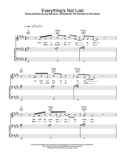 Preview Coldplay Everything's Not Lost Pop sheet music, notes and chords for Piano, Vocal & Guitar, SKU: 17684 sheet music, piano notes, chords, guitar tabs, score, transpose, transcribe, how to play, guide, download, learn, tutorial, progression, song, artist, awards, billboard, mtv, vh1, tour, single, album, release